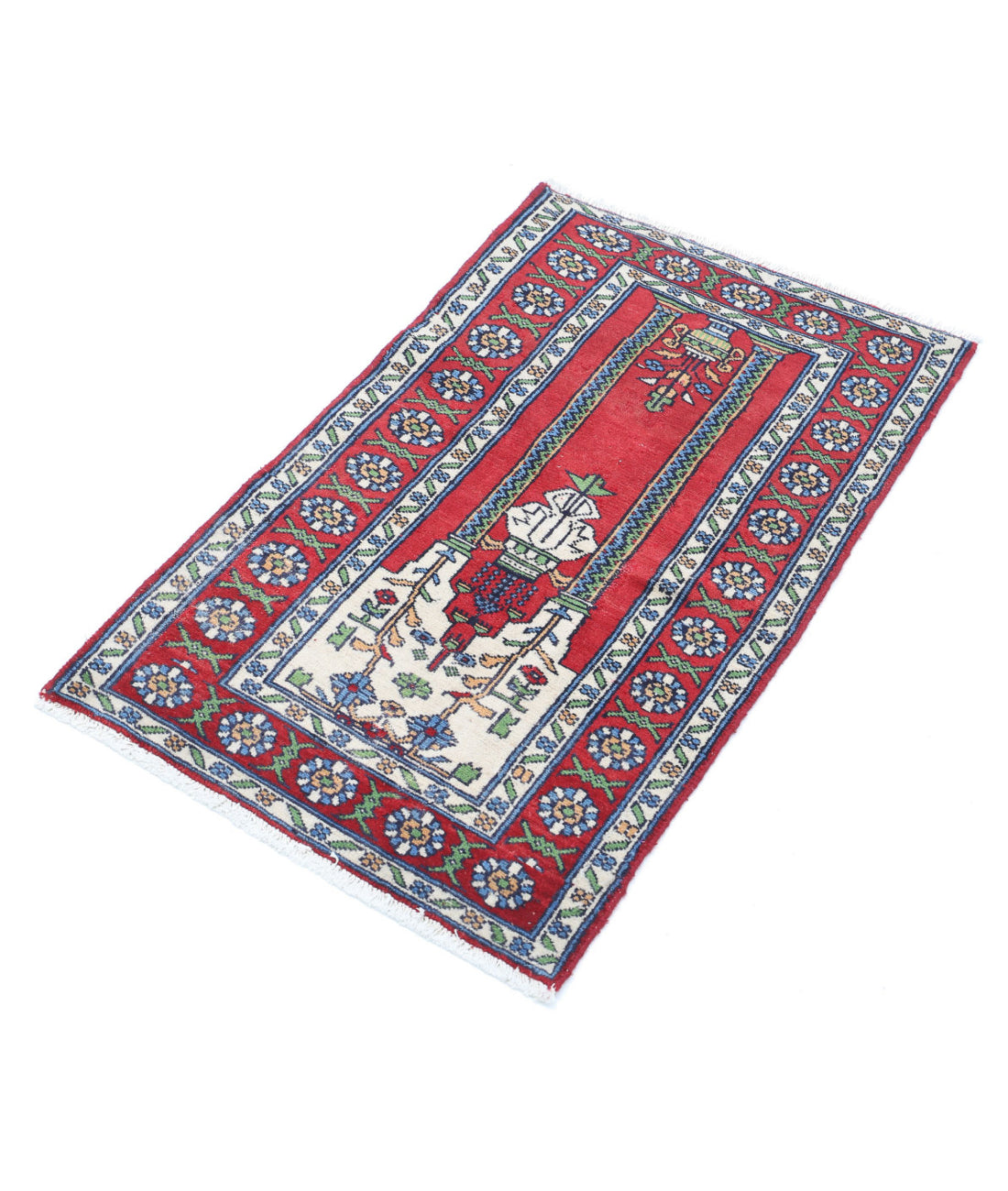 Hand Knotted New Traditional Prayer Wool Rug - 1'10'' x 3'1'' 1'10'' x 3'1'' (90 X 90) / Red / Ivory
