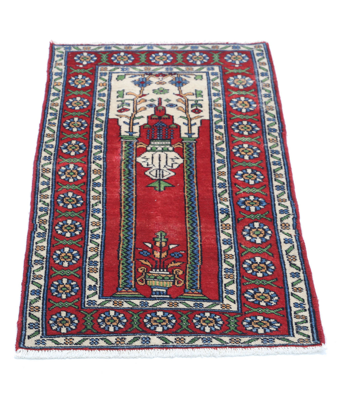 Hand Knotted New Traditional Prayer Wool Rug - 1'10'' x 3'1'' 1'10'' x 3'1'' (90 X 90) / Red / Ivory