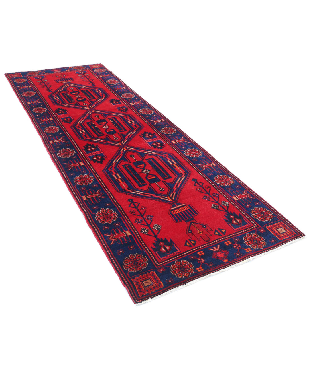 Hand Knotted Persian Hamadan Wool Rug - 3'6'' x 9'8'' 3'6'' x 9'8'' (105 X 290) / Red / Blue
