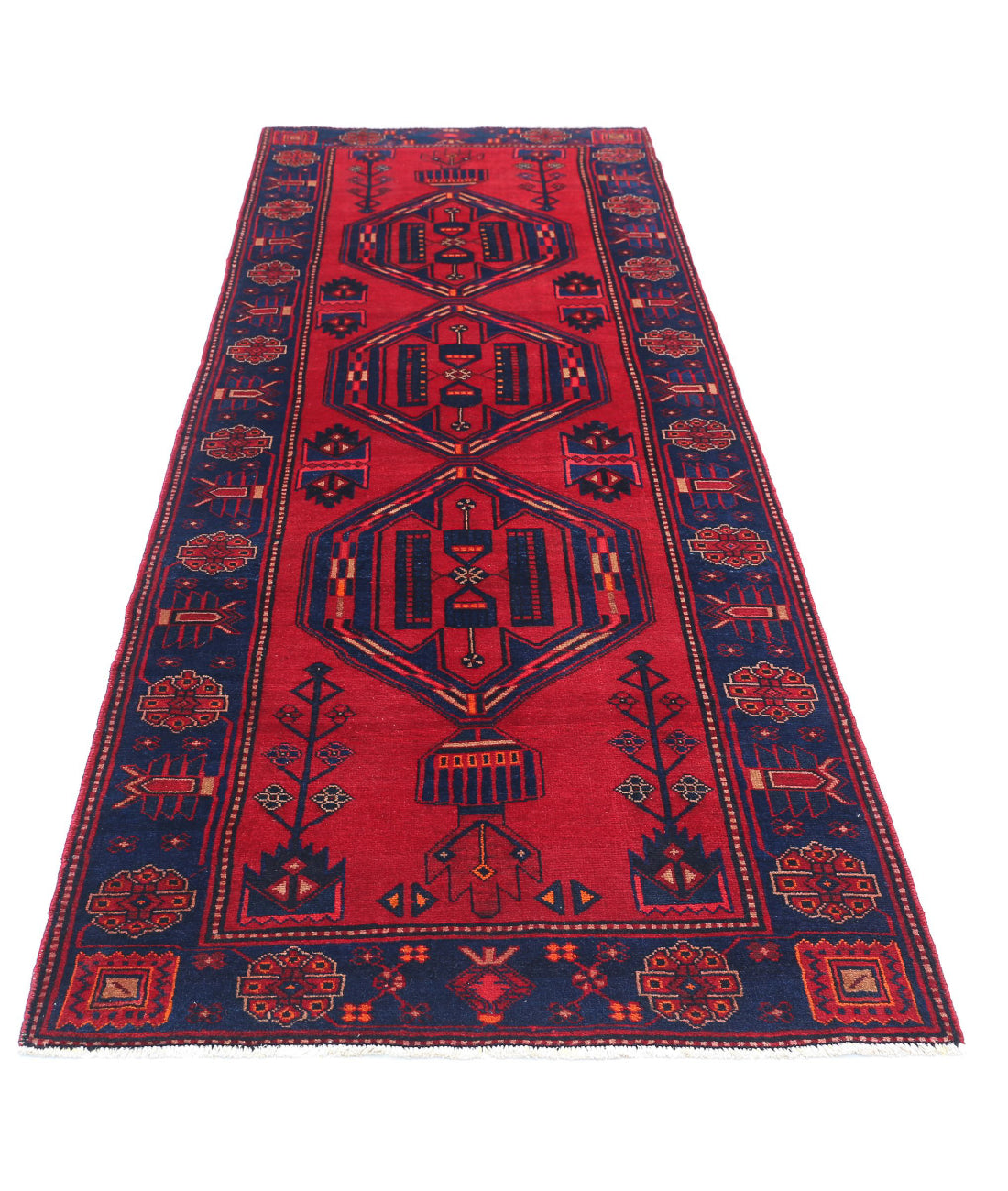 Hand Knotted Persian Hamadan Wool Rug - 3'6'' x 9'8'' 3'6'' x 9'8'' (105 X 290) / Red / Blue