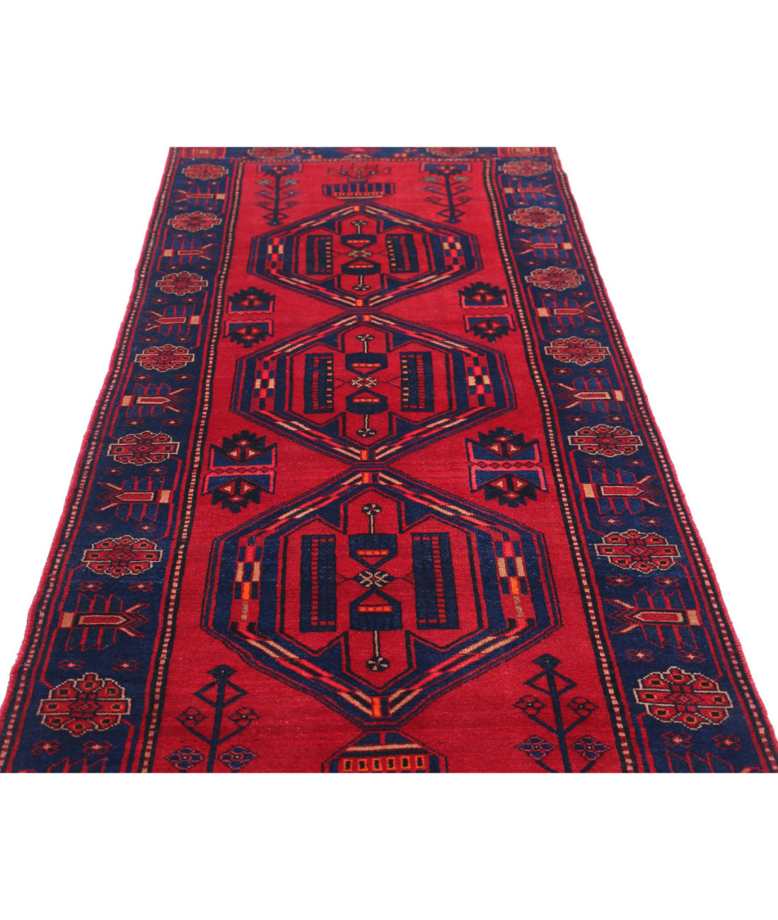 Hand Knotted Persian Hamadan Wool Rug - 3'6'' x 9'8'' 3'6'' x 9'8'' (105 X 290) / Red / Blue