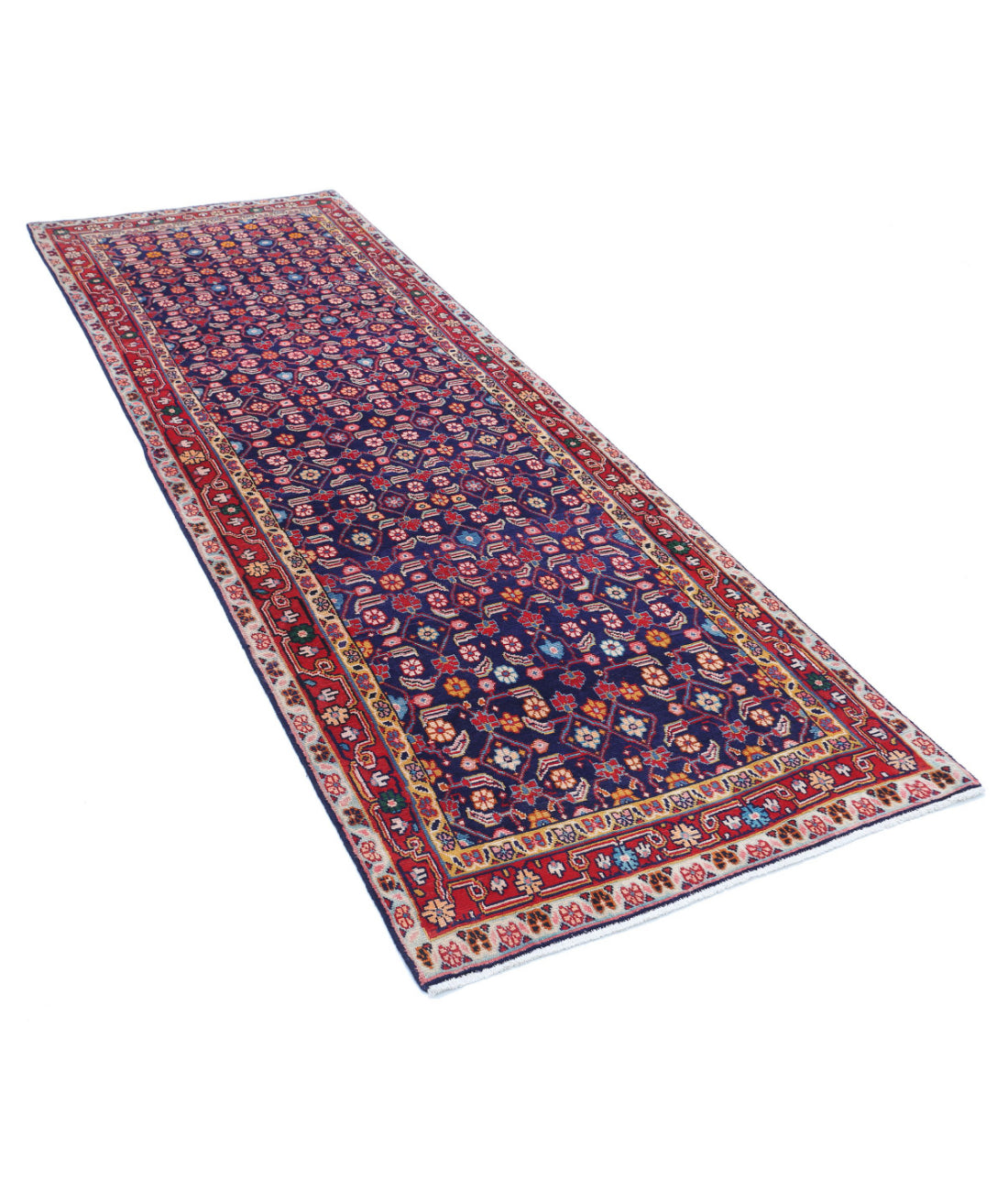 Hand Knotted Persian Hamadan Wool Rug - 3'4'' x 9'9'' 3'4'' x 9'9'' (100 X 293) / Blue / Red