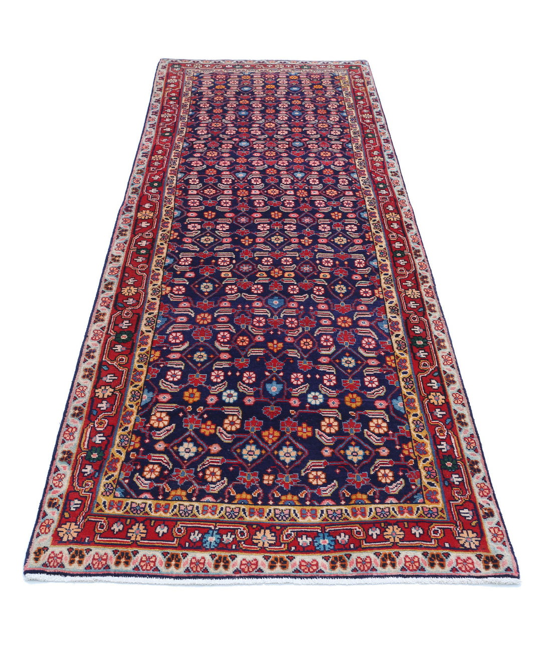 Hand Knotted Persian Hamadan Wool Rug - 3'4'' x 9'9'' 3'4'' x 9'9'' (100 X 293) / Blue / Red
