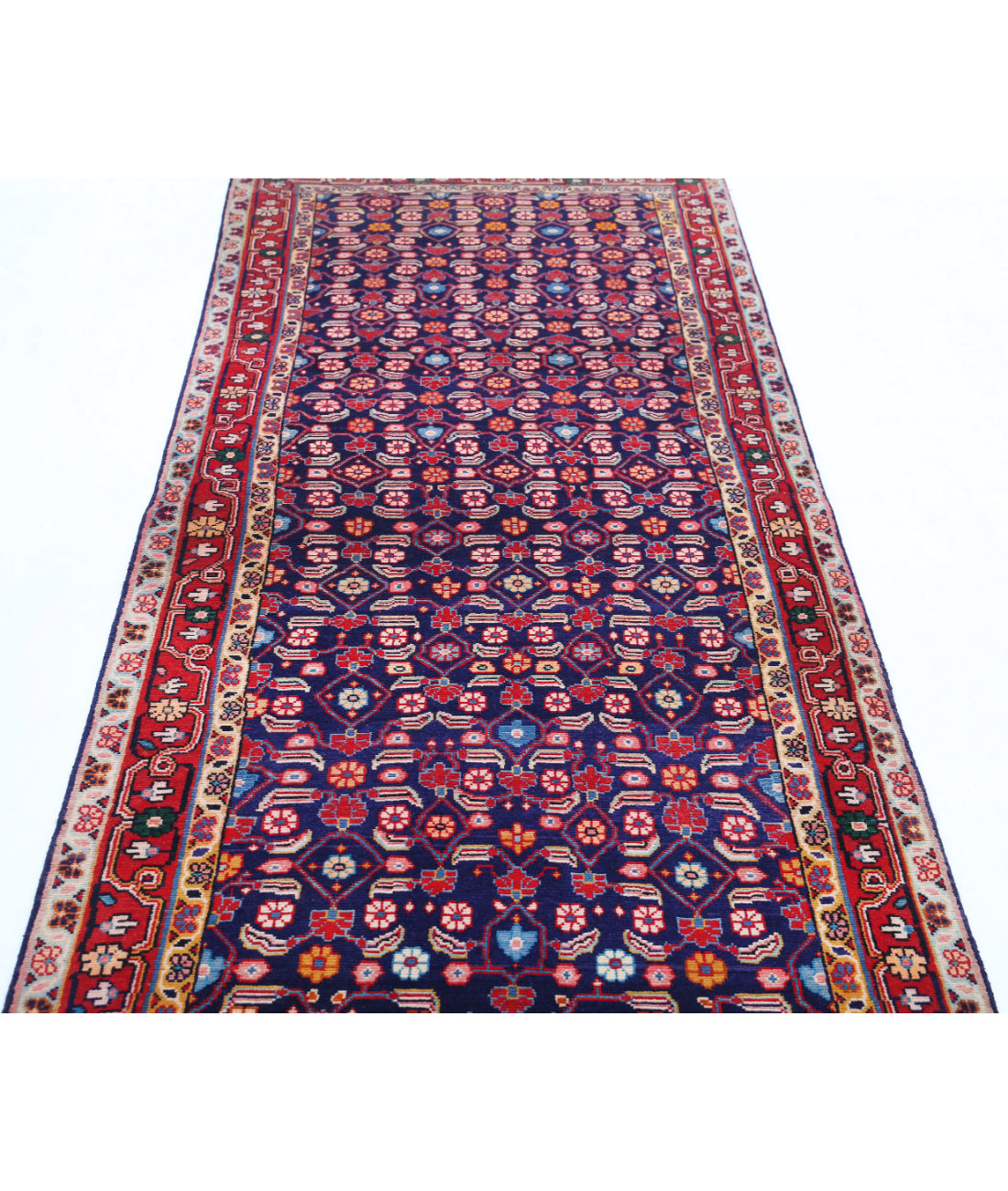 Hand Knotted Persian Hamadan Wool Rug - 3'4'' x 9'9'' 3'4'' x 9'9'' (100 X 293) / Blue / Red