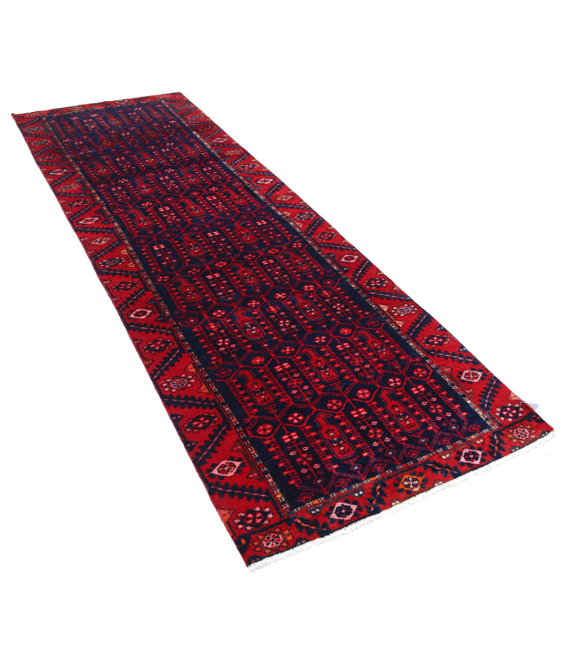 Hand Knotted Persian Hamadan Wool Rug - 3'4'' x 10'0'' 3'4'' x 10'0'' (100 X 300) / Blue / Red