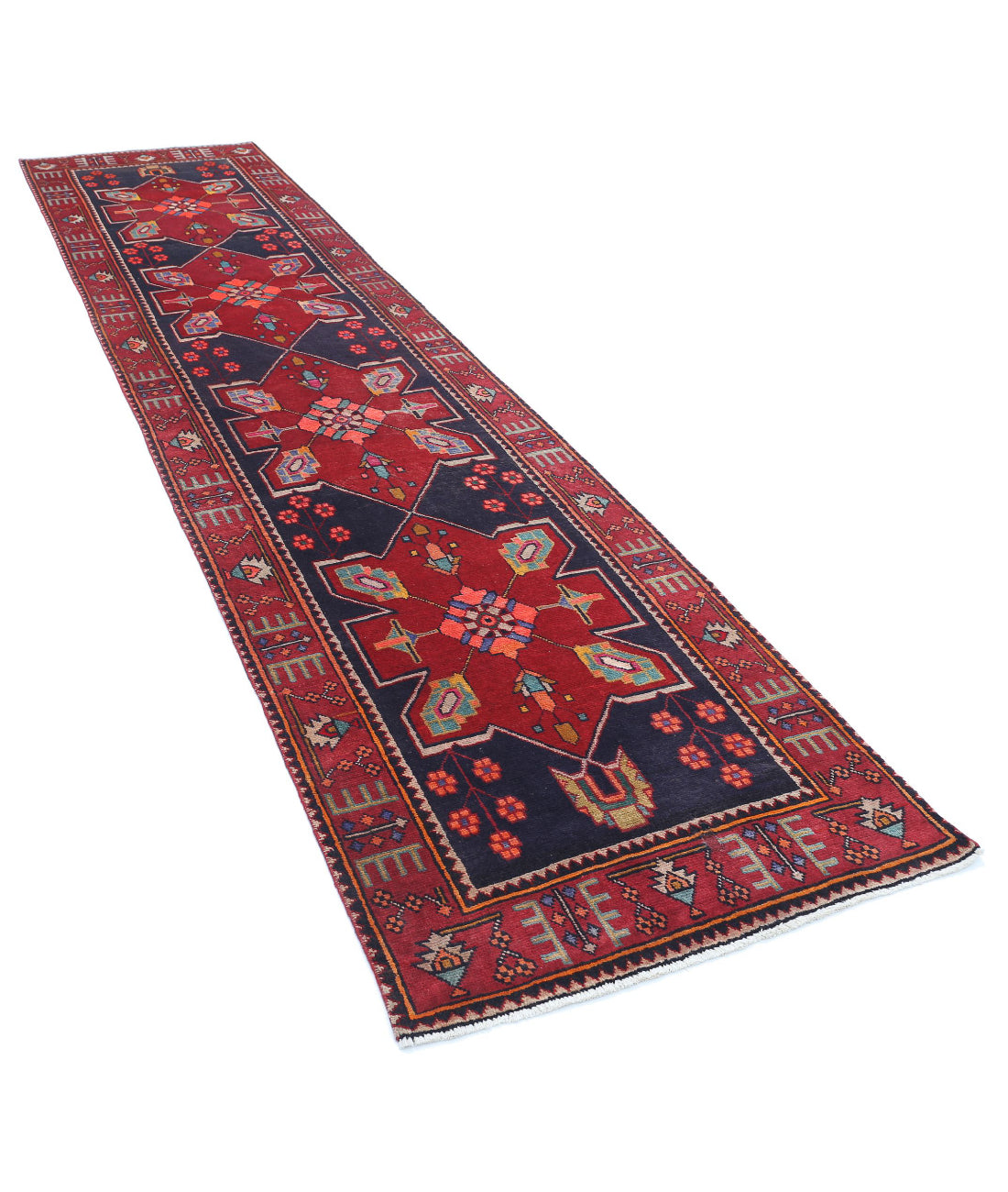 Hand Knotted Persian Hamadan Wool Rug - 3'3'' x 13'1'' 3'3'' x 13'1'' (98 X 393) / Black / Red