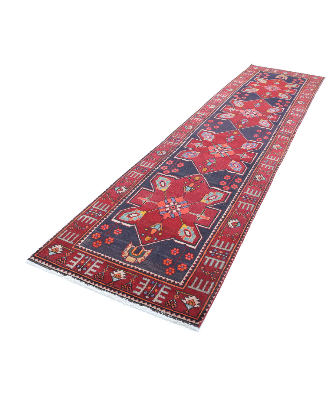 Hand Knotted Persian Hamadan Wool Rug - 3'3'' x 13'1'' 3'3'' x 13'1'' (98 X 393) / Black / Red