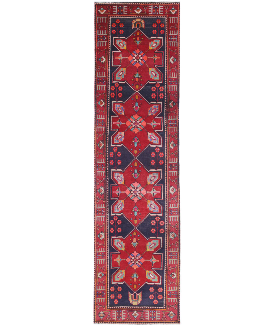 Hand Knotted Persian Hamadan Wool Rug - 3&#39;3&#39;&#39; x 13&#39;1&#39;&#39; 3&#39;3&#39;&#39; x 13&#39;1&#39;&#39; (98 X 393) / Black / Red