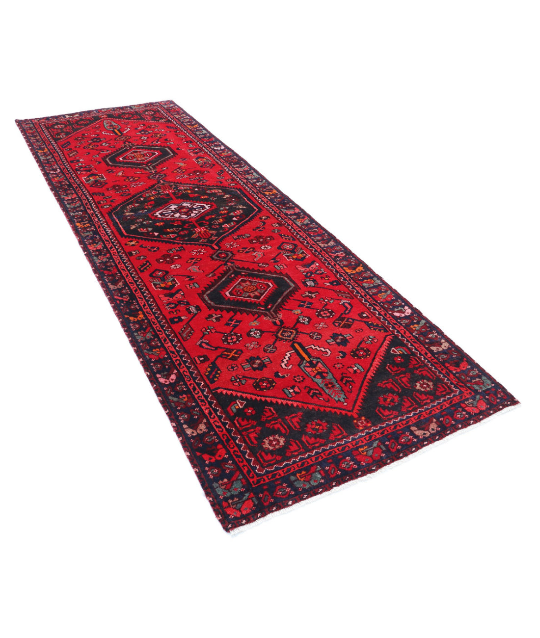 Hand Knotted Persian Hamadan Wool Rug - 3'7'' x 9'10'' 3'7'' x 9'10'' (108 X 295) / Red / Black