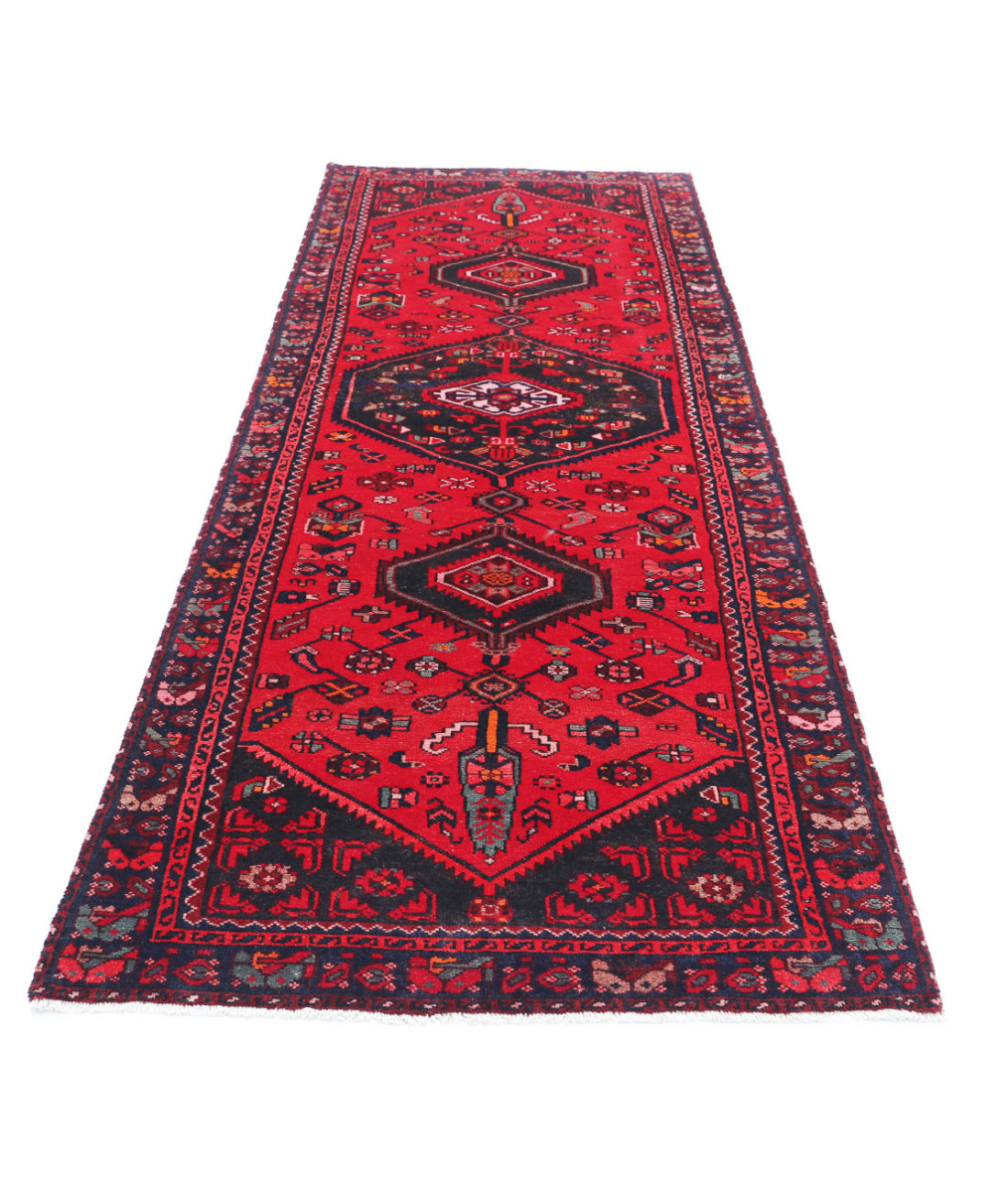 Hand Knotted Persian Hamadan Wool Rug - 3'7'' x 9'10'' 3'7'' x 9'10'' (108 X 295) / Red / Black