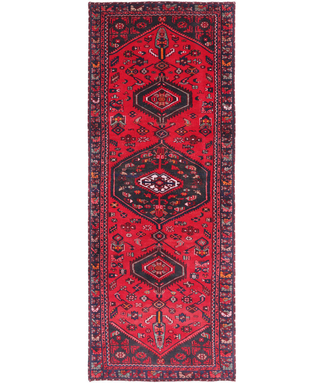 Hand Knotted Oriental Hamadan Wool Rug - 3'7'' x 9'10''