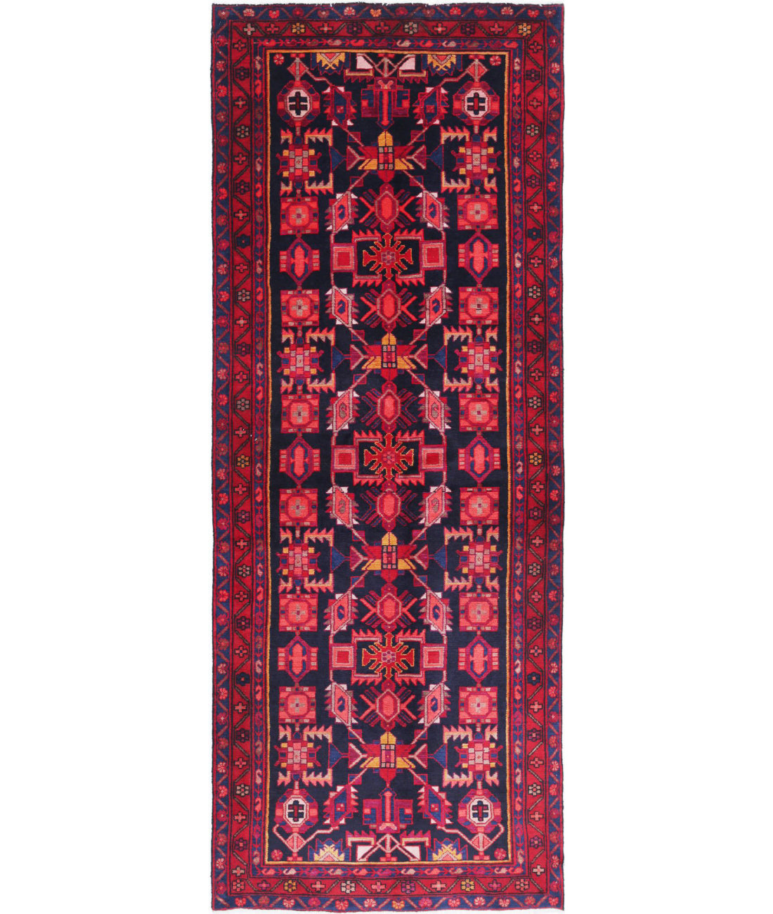 Hand Knotted Persian Hamadan Wool Rug - 3&#39;8&#39;&#39; x 10&#39;0&#39;&#39; 3&#39;8&#39;&#39; x 10&#39;0&#39;&#39; (110 X 300) / Black / Red