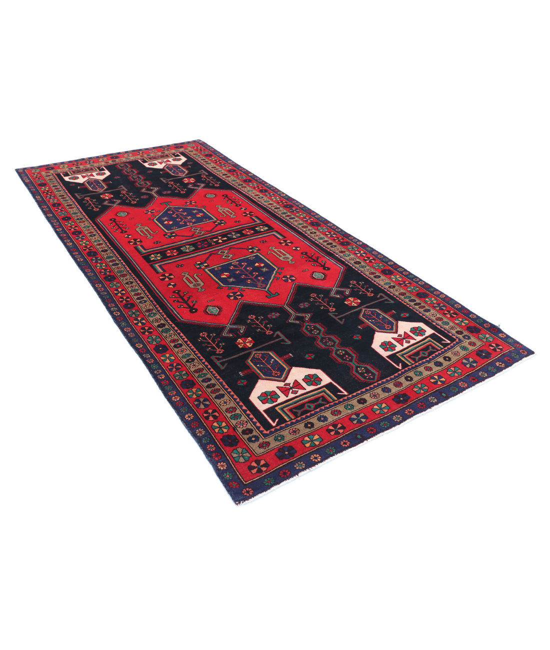 Hand Knotted Persian Hamadan Wool Rug - 4'8'' x 9'7'' 4'8'' x 9'7'' (140 X 288) / Black / Red