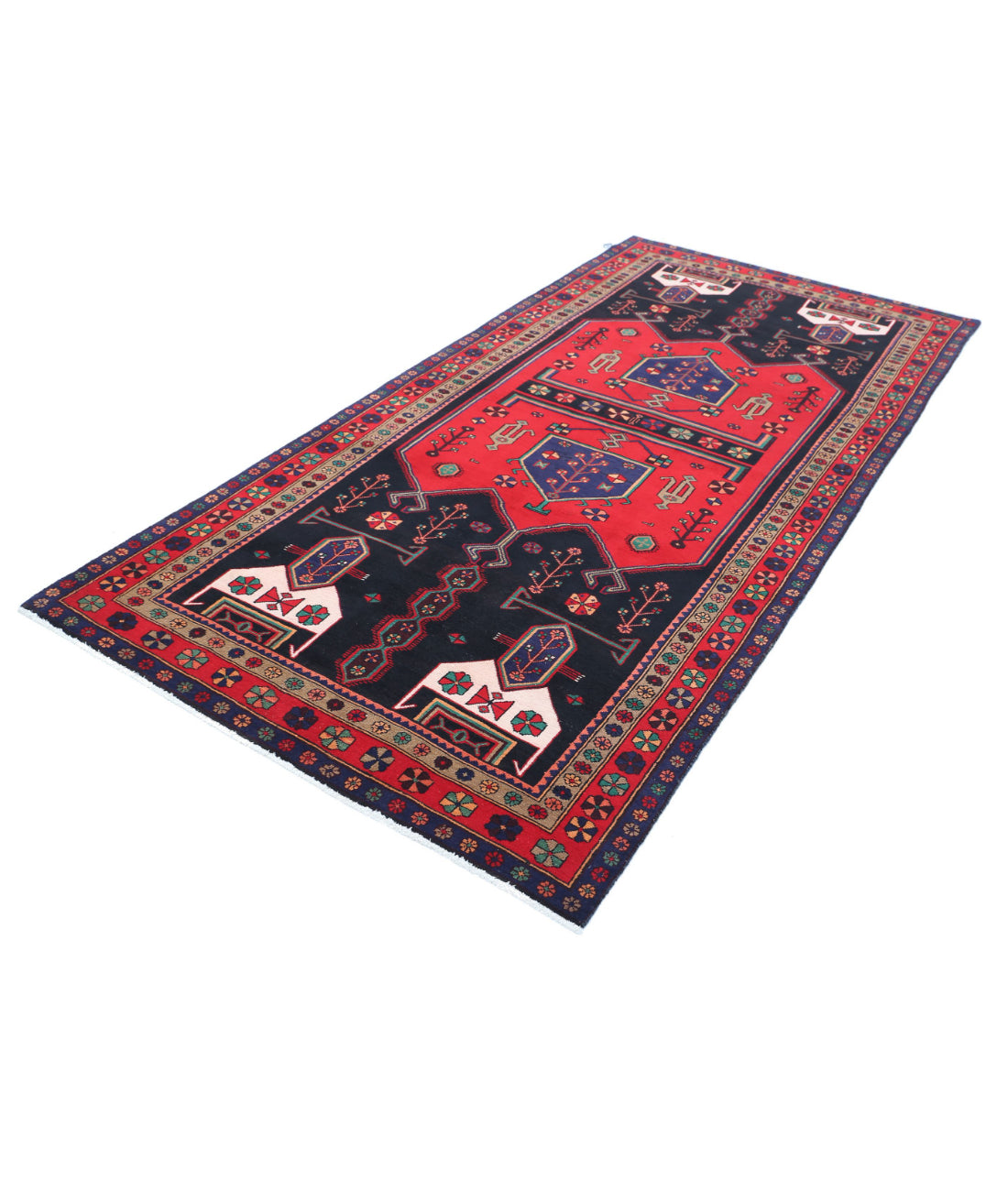 Hand Knotted Persian Hamadan Wool Rug - 4'8'' x 9'7'' 4'8'' x 9'7'' (140 X 288) / Black / Red