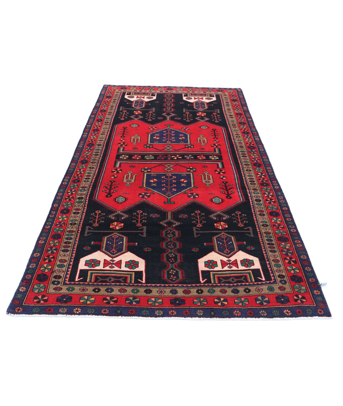 Hand Knotted Persian Hamadan Wool Rug - 4'8'' x 9'7'' 4'8'' x 9'7'' (140 X 288) / Black / Red