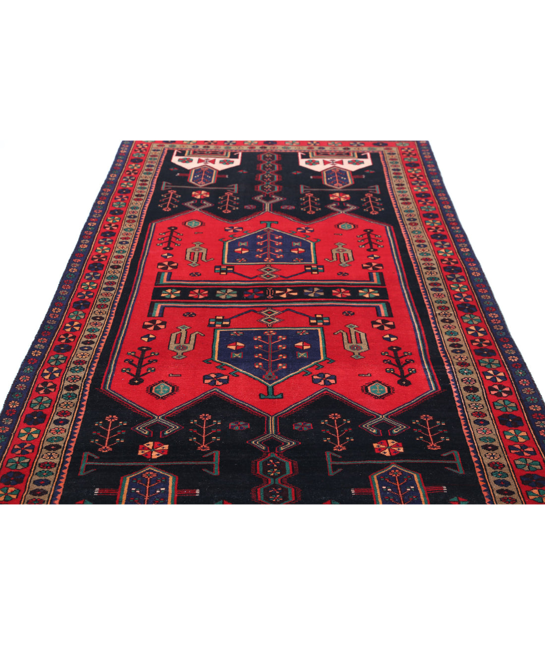 Hand Knotted Persian Hamadan Wool Rug - 4'8'' x 9'7'' 4'8'' x 9'7'' (140 X 288) / Black / Red