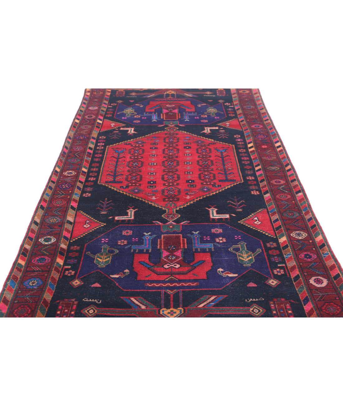 Hand Knotted Persian Hamadan Wool Rug - 4'6'' x 9'8'' 4'6'' x 9'8'' (135 X 290) / Black / Burgundy