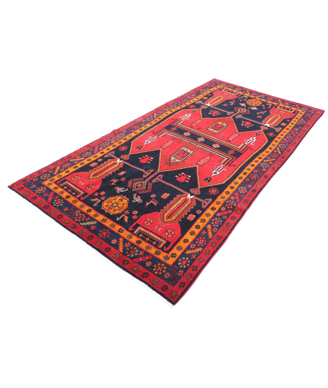 Hand Knotted Persian Hamadan Wool Rug - 4'9'' x 9'7'' 4'9'' x 9'7'' (143 X 288) / Red / Blue
