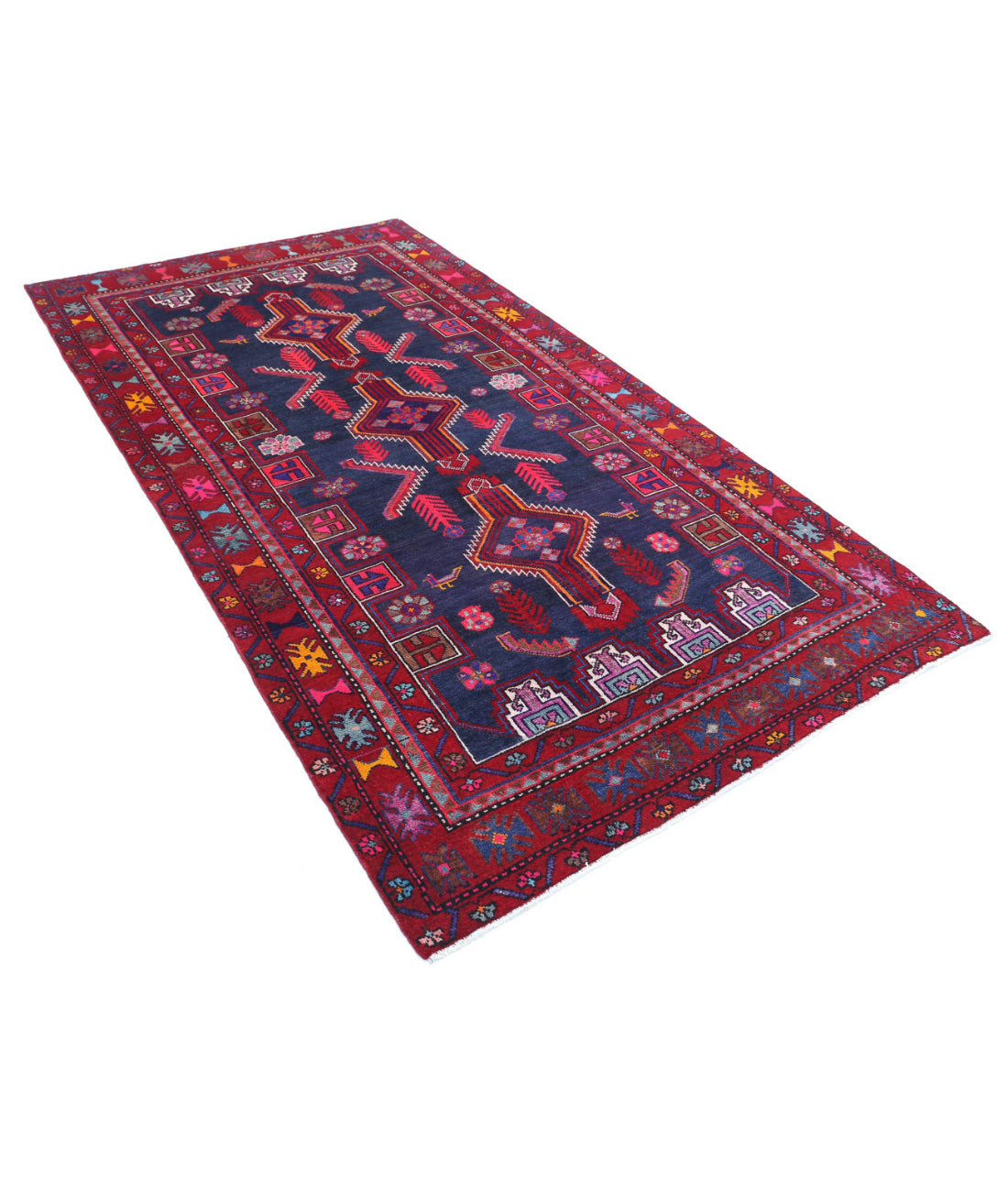 Hand Knotted Persian Hamadan Wool Rug - 4'10'' x 8'10'' 4'10'' x 8'10'' (145 X 265) / Blue / Red