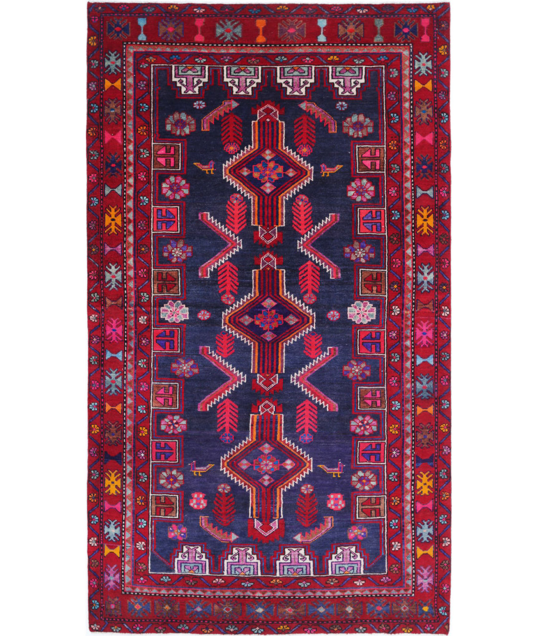 Hand Knotted Persian Hamadan Wool Rug - 4'10'' x 8'10'' 4'10'' x 8'10'' (145 X 265) / Blue / Red