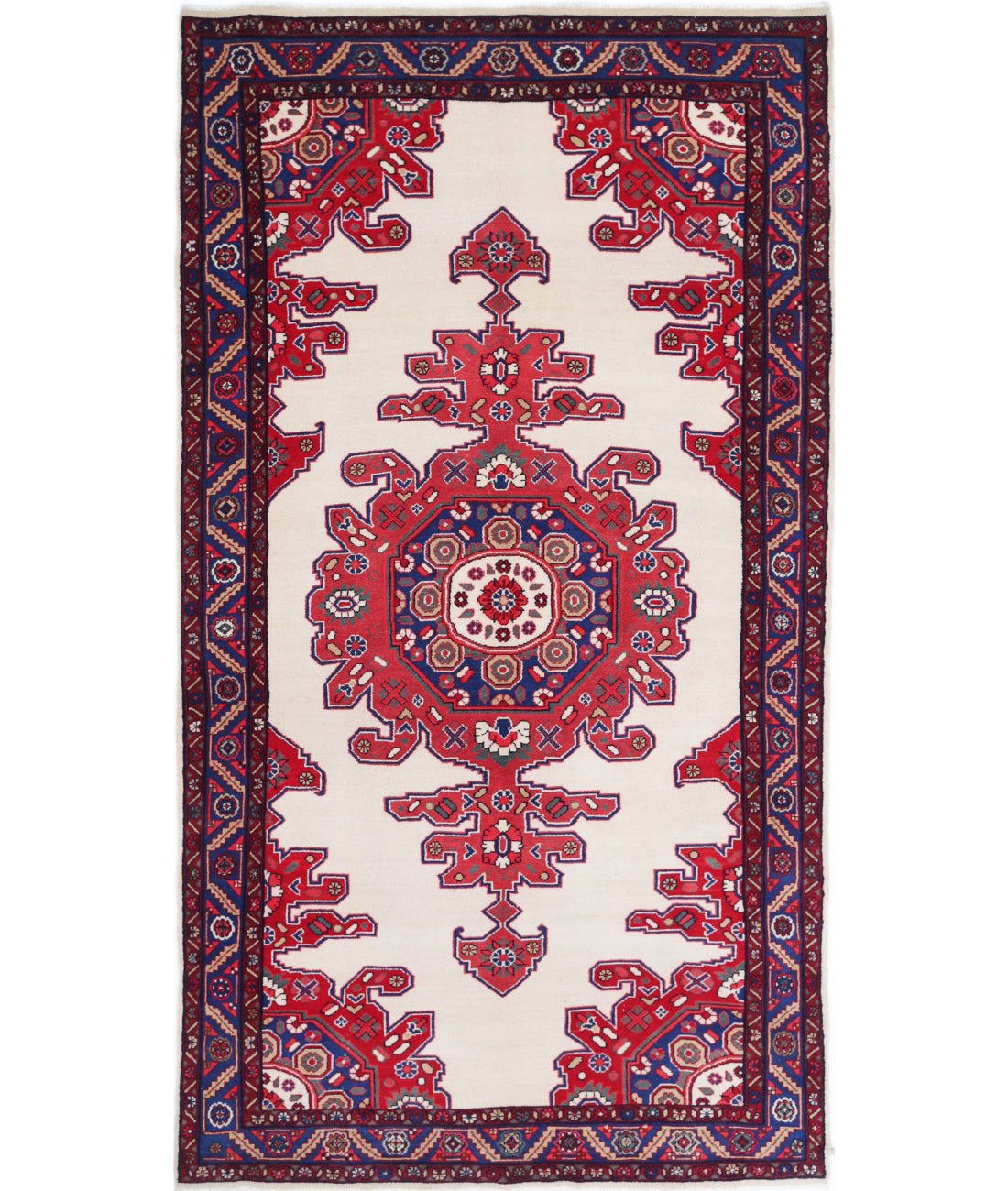 Hand Knotted Persian Hamadan Wool Rug - 4'9'' x 8'11'' 4'9'' x 8'11'' (143 X 268) / Ivory / Blue
