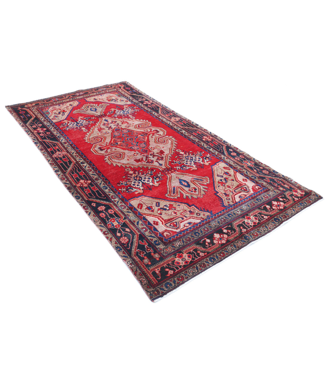 Hand Knotted Persian Hamadan Wool Rug - 4'7'' x 8'9'' 4'7'' x 8'9'' (138 X 263) / Red / Blue