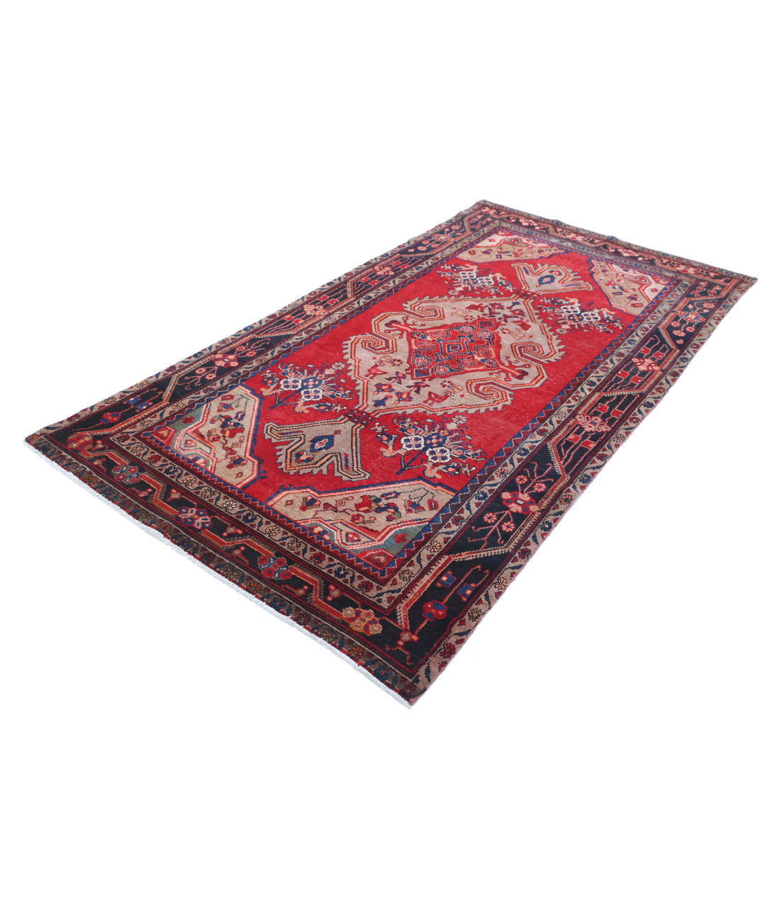 Hand Knotted Persian Hamadan Wool Rug - 4'7'' x 8'9'' 4'7'' x 8'9'' (138 X 263) / Red / Blue