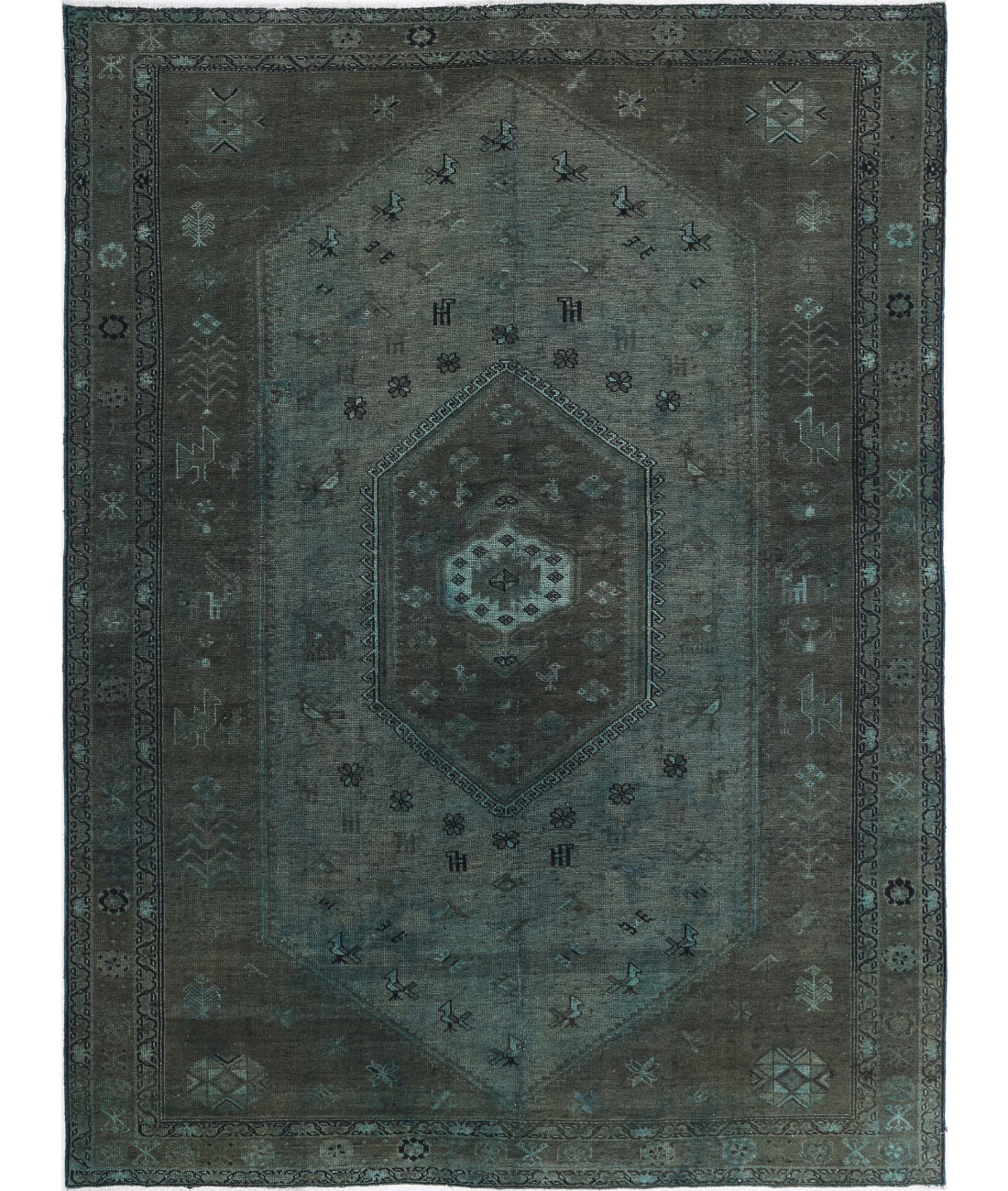 Hand Knotted Transitional Overdye Hamadan Wool Rug - 7'0'' x 9'8'' 7'0'' x 9'8'' (210 X 290) / Green / Charcoal