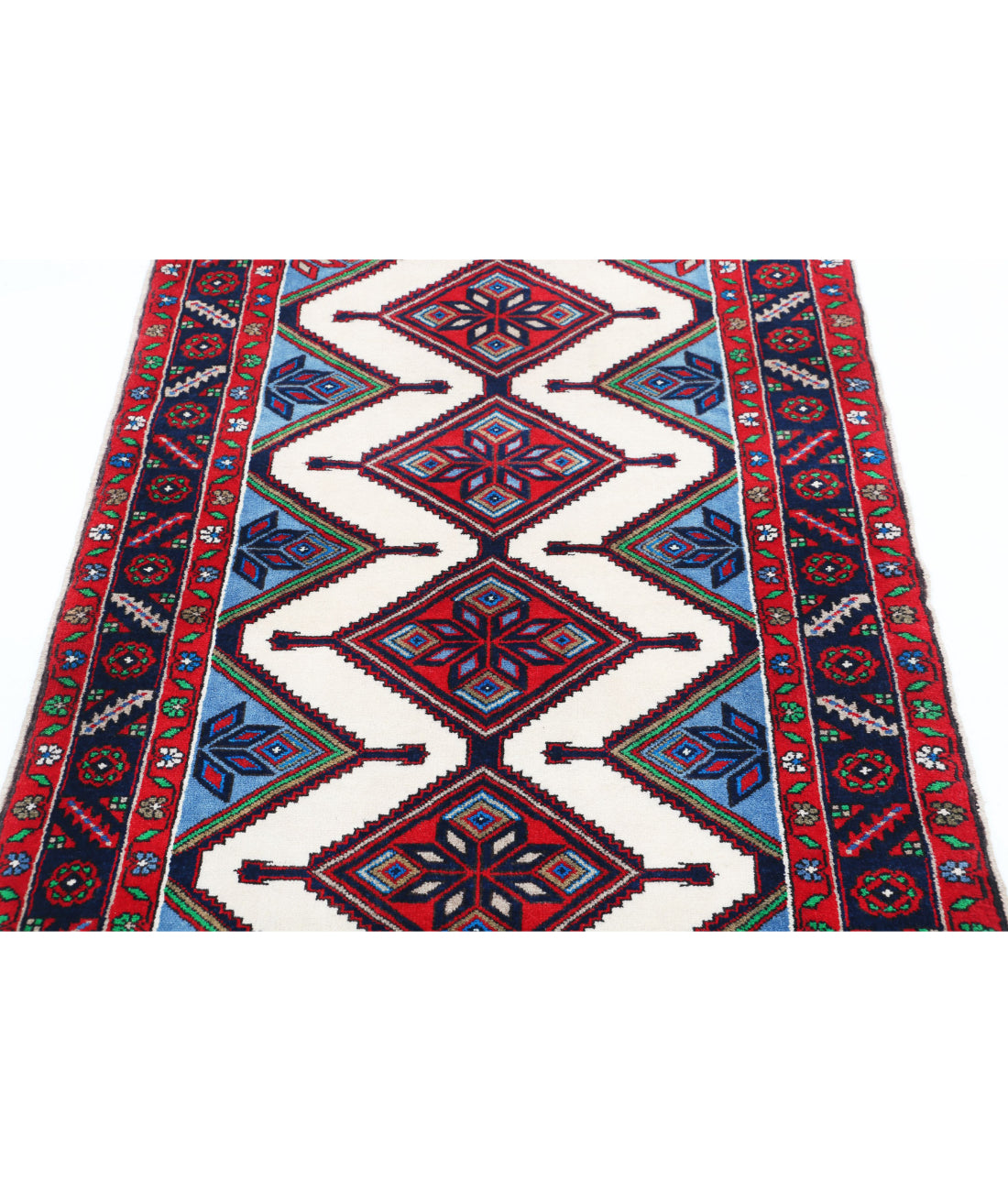 Hand Knotted Persian Hamadan Wool Rug - 3'5'' x 4'9'' 3'5'' x 4'9'' (103 X 143) / Ivory / Blue