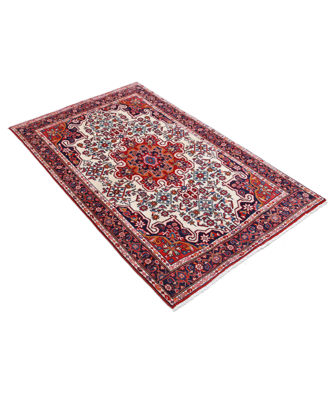 Hand Knotted Persian Hamadan Wool Rug - 3'3'' x 5'1'' 3'3'' x 5'1'' (98 X 153) / Ivory / Blue