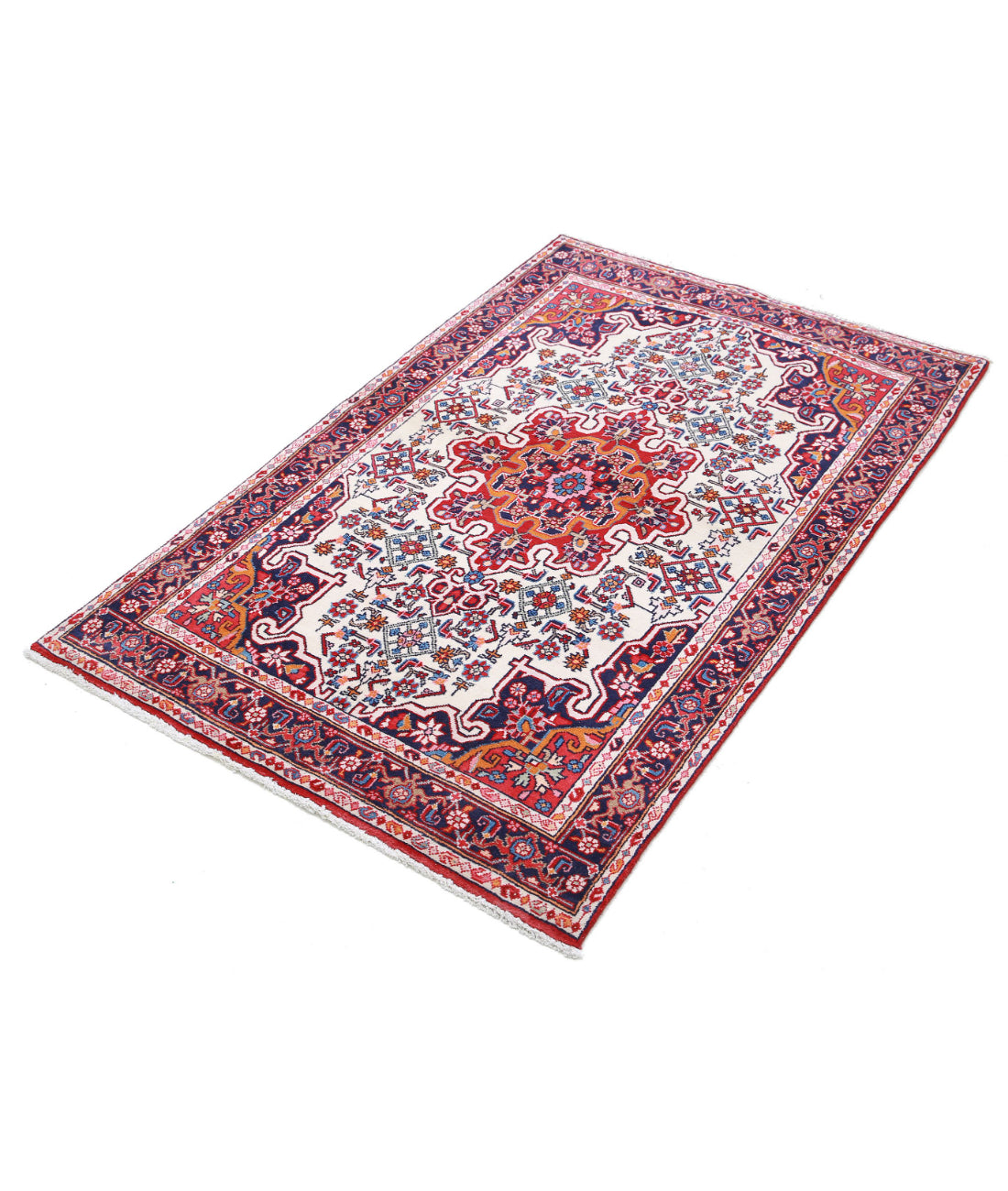 Hand Knotted Persian Hamadan Wool Rug - 3'3'' x 5'1'' 3'3'' x 5'1'' (98 X 153) / Ivory / Blue