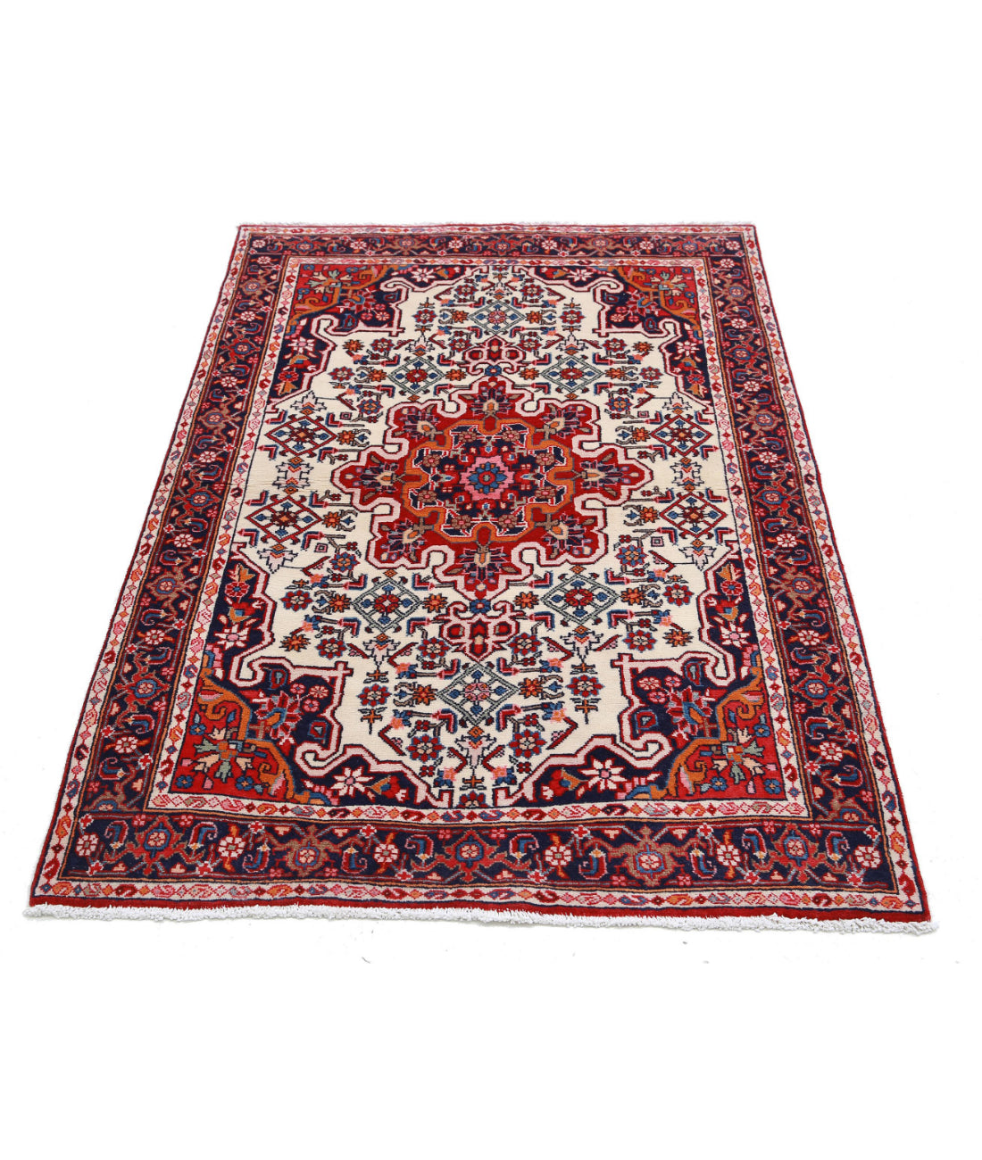 Hand Knotted Persian Hamadan Wool Rug - 3'3'' x 5'1'' 3'3'' x 5'1'' (98 X 153) / Ivory / Blue