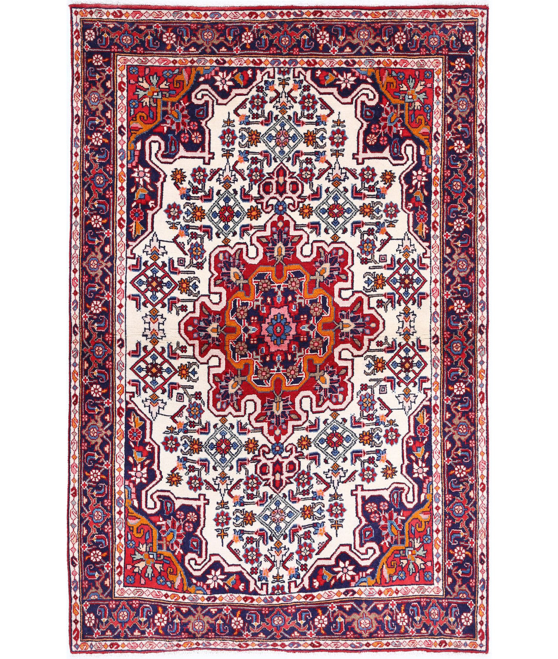 Hand Knotted Persian Hamadan Wool Rug - 3'3'' x 5'1'' 3'3'' x 5'1'' (98 X 153) / Ivory / Blue