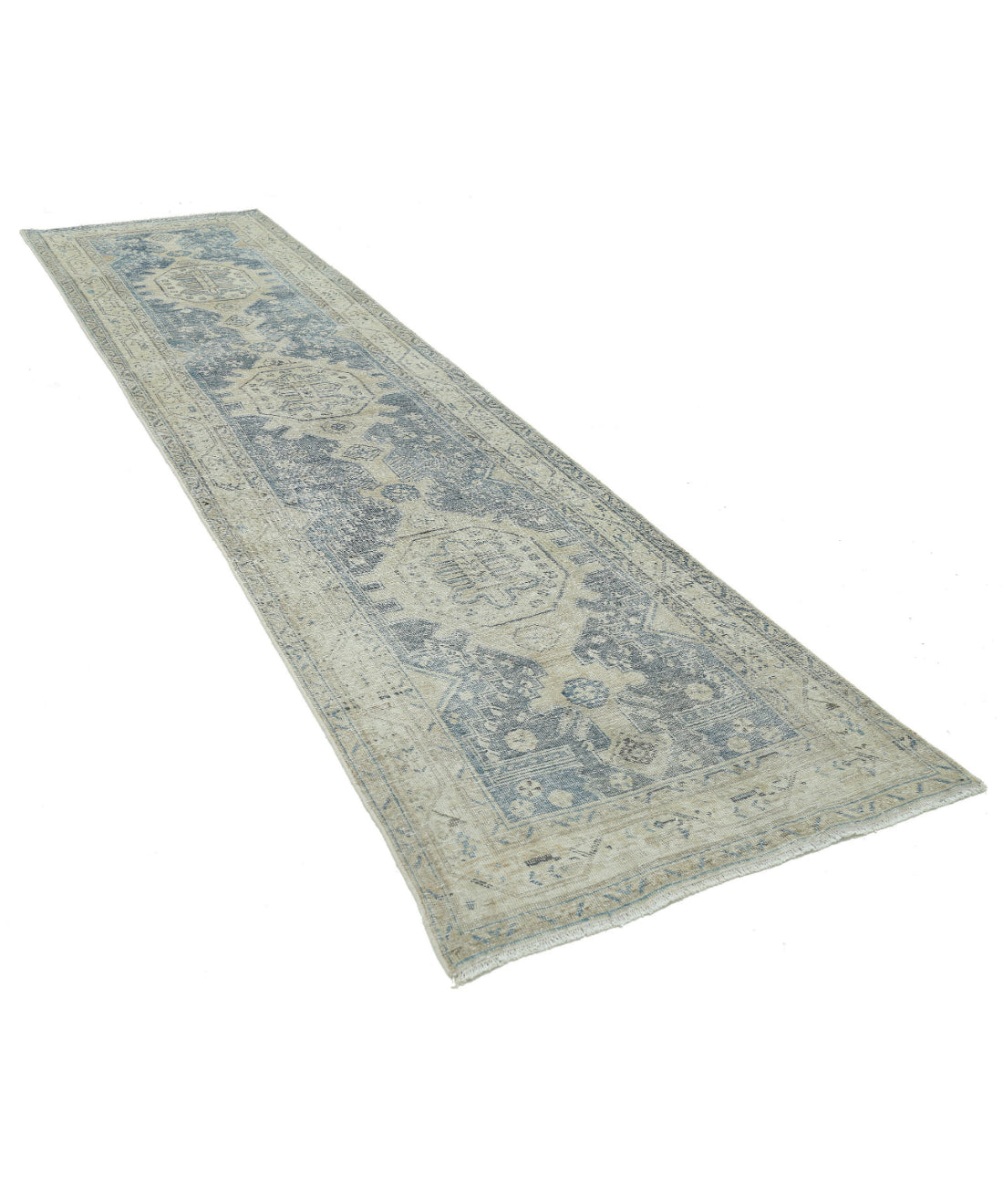 Hand Knotted Vintage Persian Hamadan Wool Rug - 3'5'' x 13'5'' 3'5'' x 13'5'' (103 X 403) / Blue / Ivory