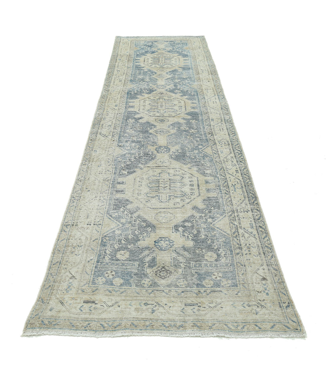 Hand Knotted Vintage Persian Hamadan Wool Rug - 3'5'' x 13'5'' 3'5'' x 13'5'' (103 X 403) / Blue / Ivory
