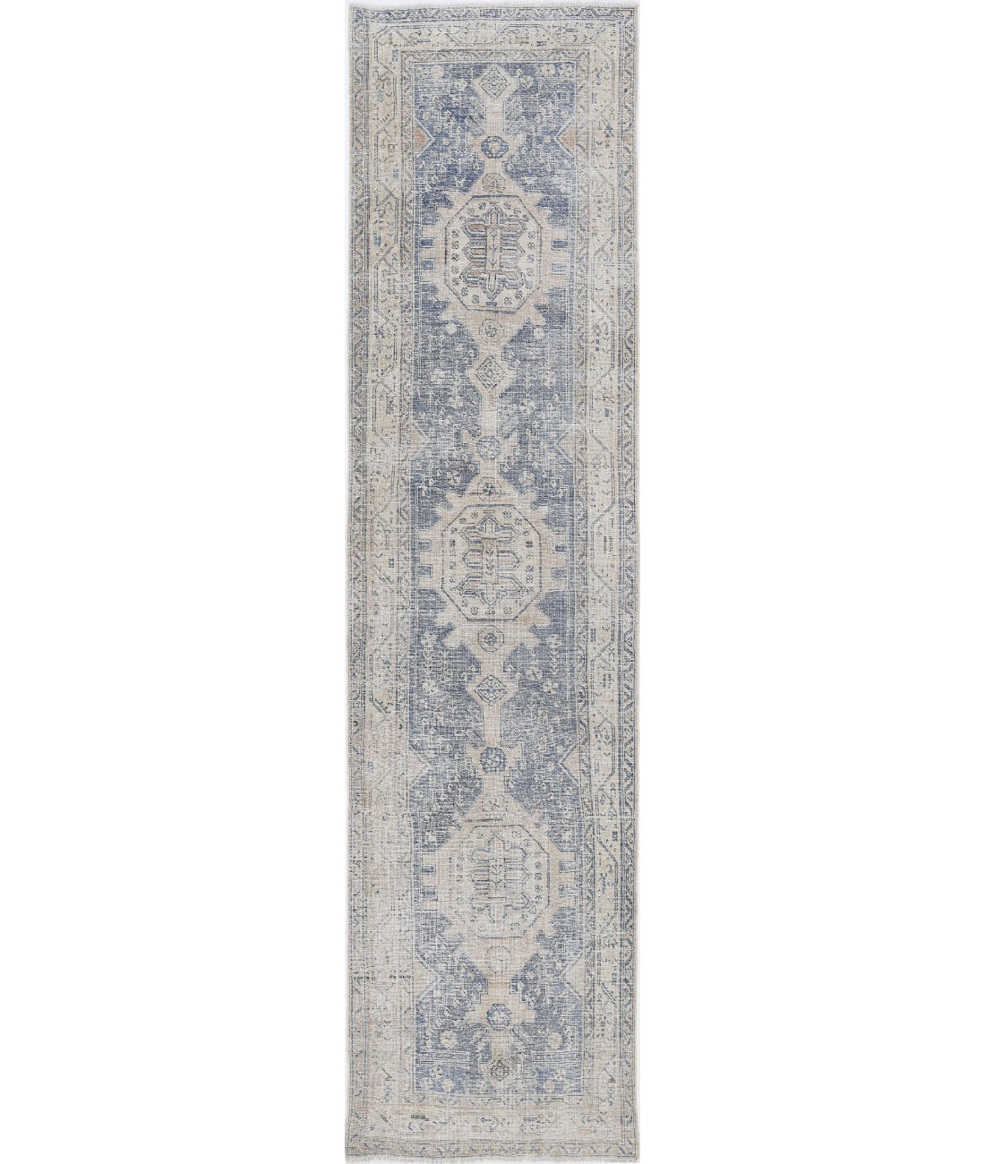 Hand Knotted Vintage Persian Hamadan Wool Rug - 3&#39;5&#39;&#39; x 13&#39;5&#39;&#39; 3&#39;5&#39;&#39; x 13&#39;5&#39;&#39; (103 X 403) / Blue / Ivory