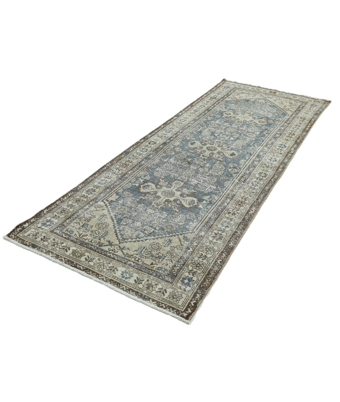 Hand Knotted Vintage Persian Hamadan Wool Rug - 3'7'' x 9'8'' 3'7'' x 9'8'' (108 X 290) / Taupe / Ivory