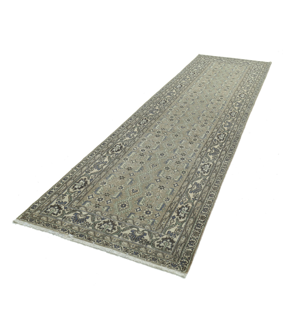 Hand Knotted Vintage Persian Hamadan Wool Rug - 3'8'' x 13'10'' 3'8'' x 13'10'' (110 X 415) / Taupe / Ivory