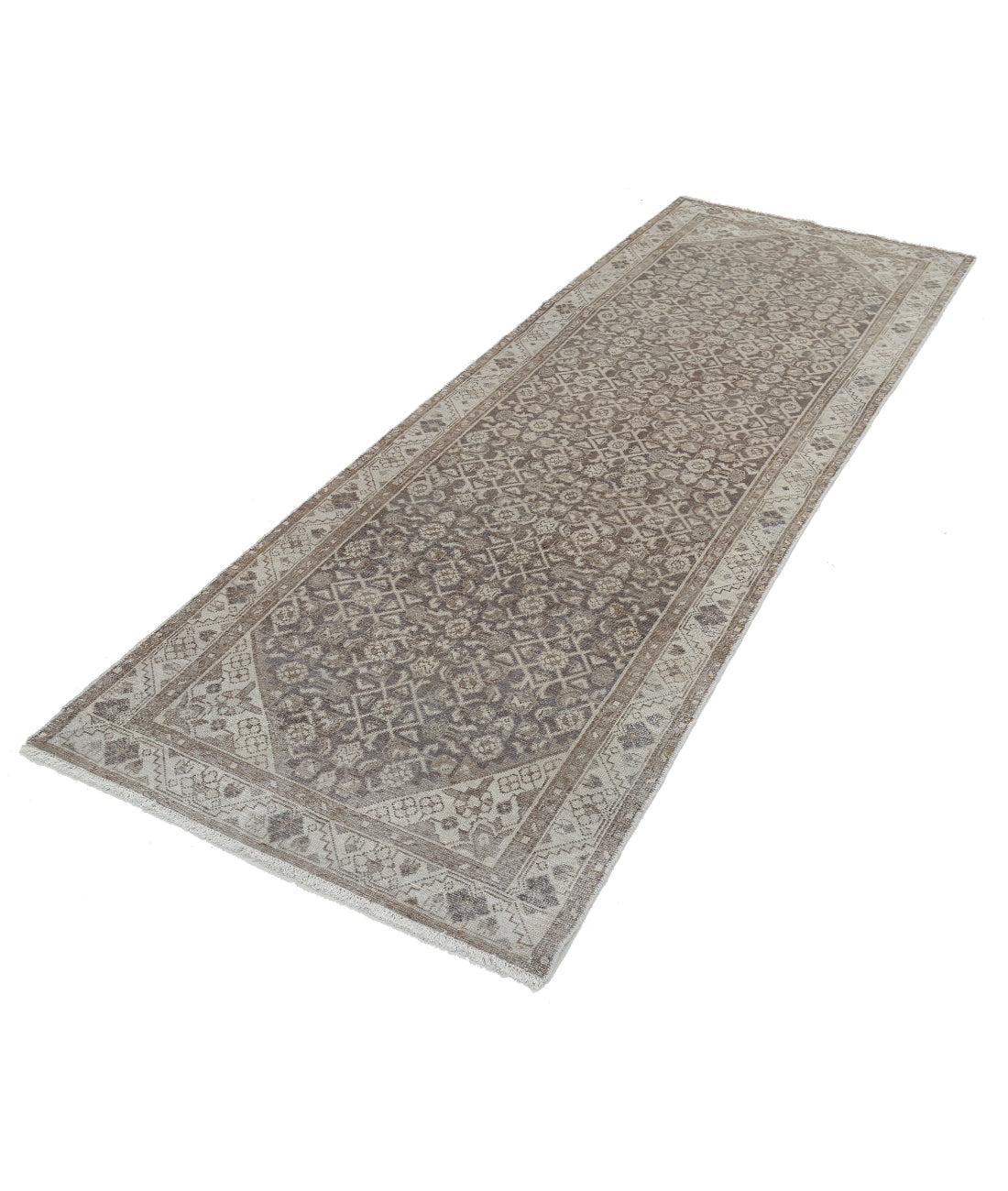 Hand Knotted Vintage Persian Hamadan Wool Rug - 3'3'' x 9'3'' 3'3'' x 9'3'' (98 X 278) / Grey / Ivory