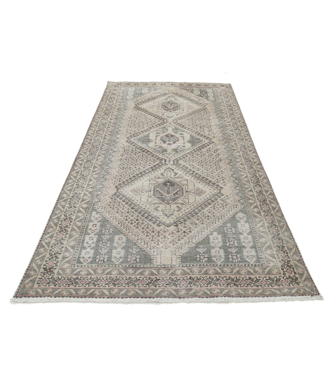 Hand Knotted Vintage Persian Hamadan Wool Rug - 4'10'' x 9'9'' 4'10'' x 9'9'' (145 X 293) / Ivory / Grey