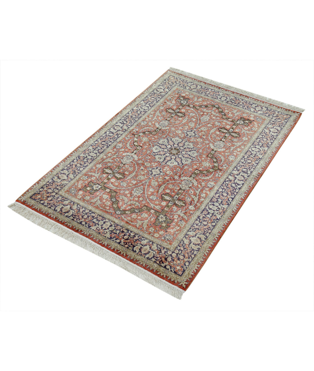 Hand Knotted Masterpiece Hereke Fine Silk & Gold Rug - 2'7'' x 3'11'' 2'7'' x 3'11'' (78 X 118) / Rust / Blue