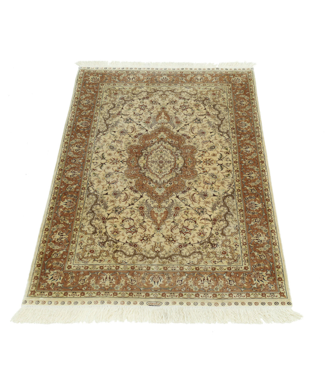 Hand Knotted Masterpiece Hereke Fine Silk Rug - 2'7'' x 4'0'' 2'7'' x 4'0'' (78 X 120) / Ivory / Taupe