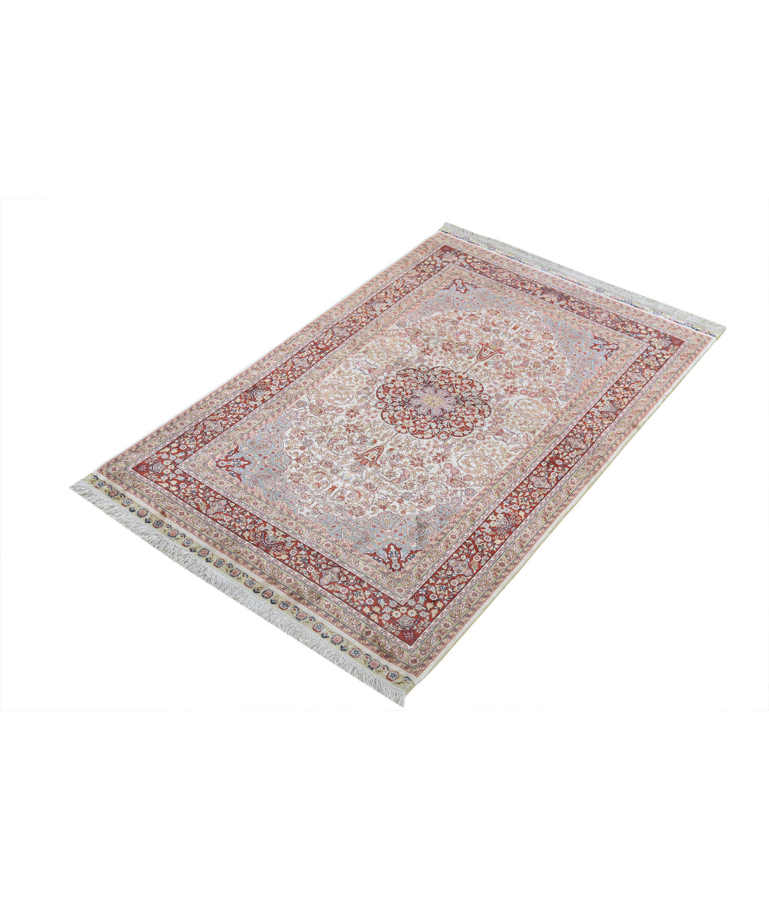 Hand Knotted Masterpiece Hereke Fine Silk Rug - 2'7'' x 4'0'' 2'7'' x 4'0'' (78 X 120) / Ivory / Red