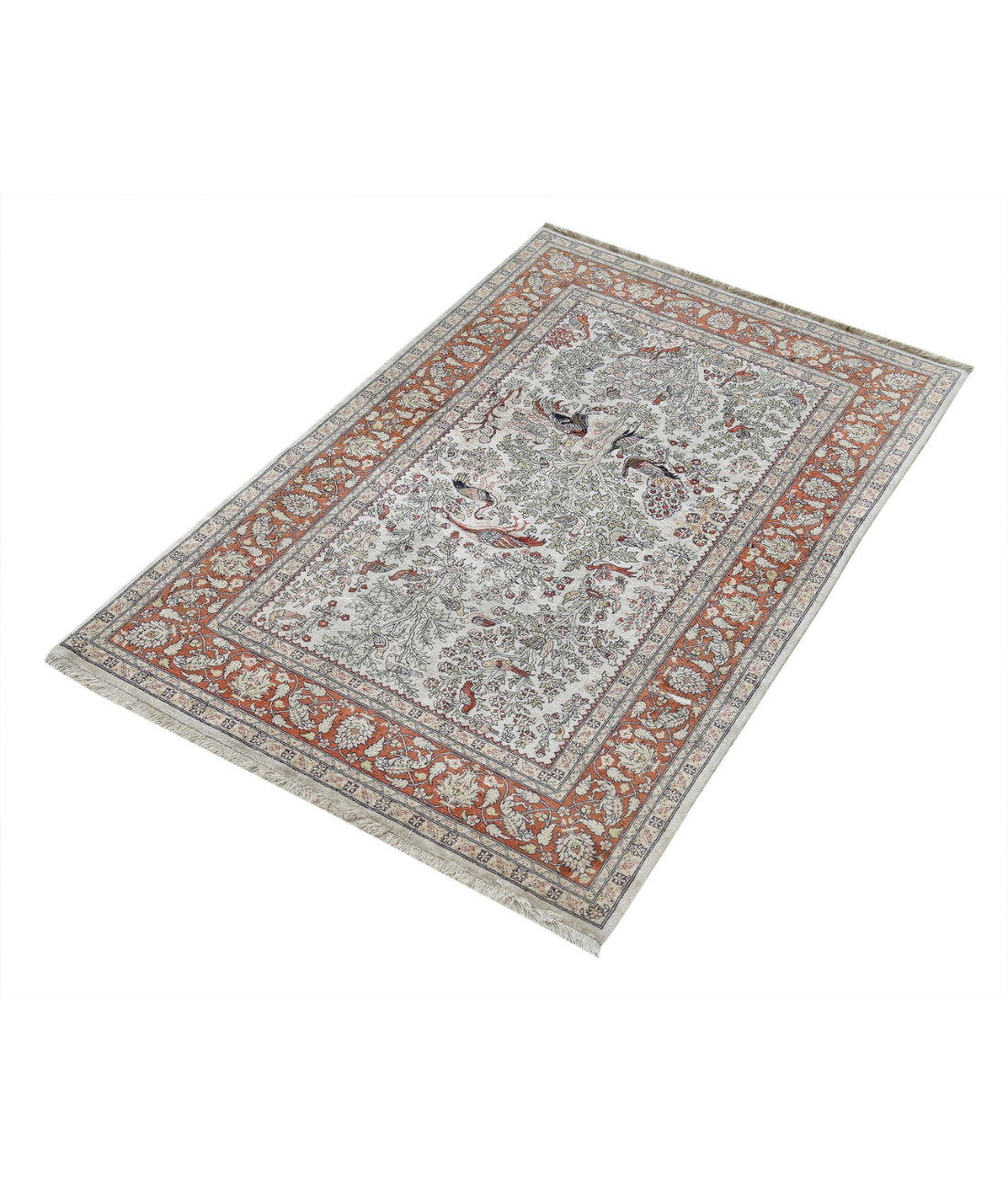 Hand Knotted Masterpiece Hereke Fine Silk Rug - 2'7'' x 3'11'' 2'7'' x 3'11'' (78 X 118) / Ivory / Rust