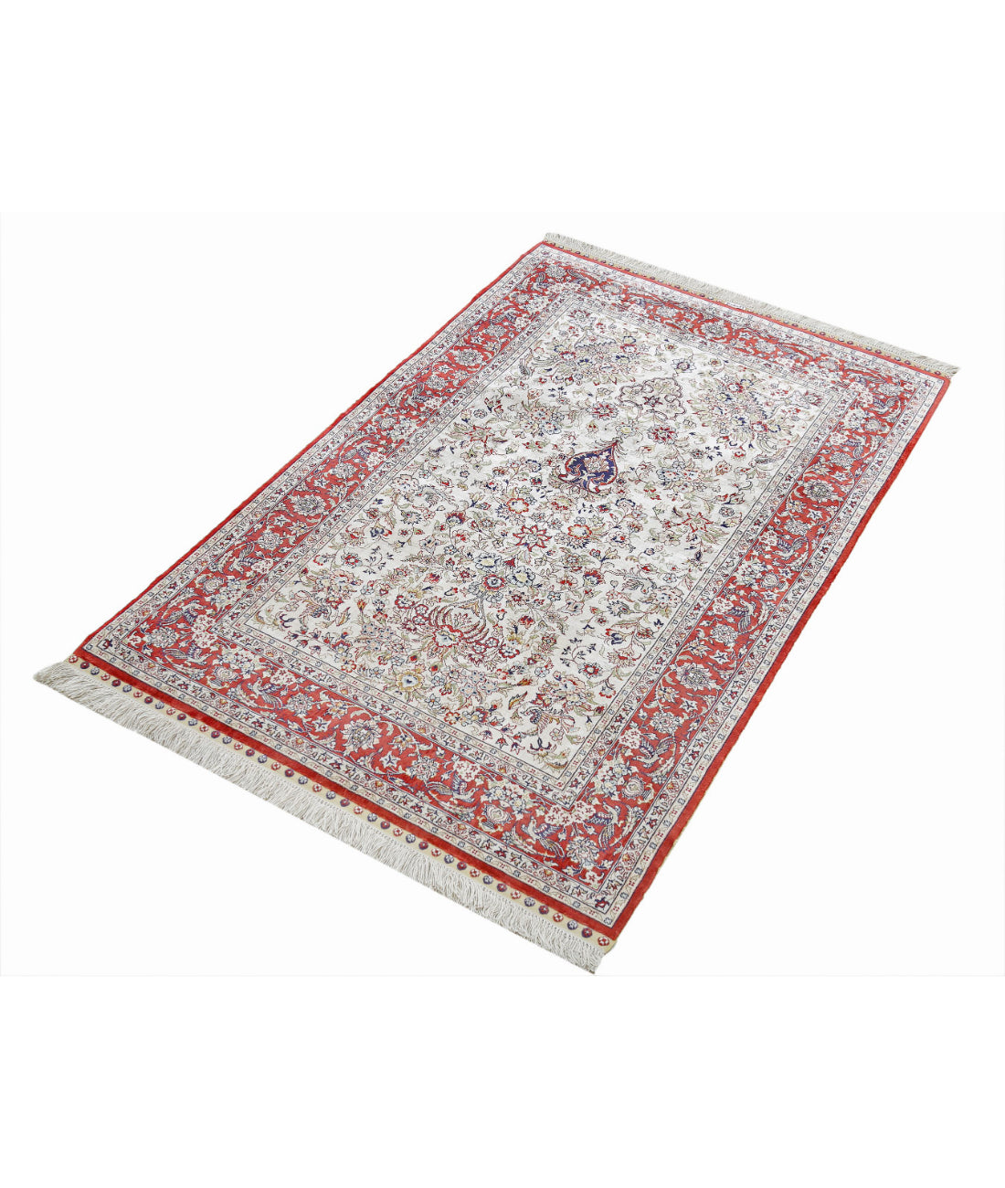 Hand Knotted Masterpiece Hereke Fine Silk Rug - 2'7'' x 4'0'' 2'7'' x 4'0'' (78 X 120) / Ivory / Red
