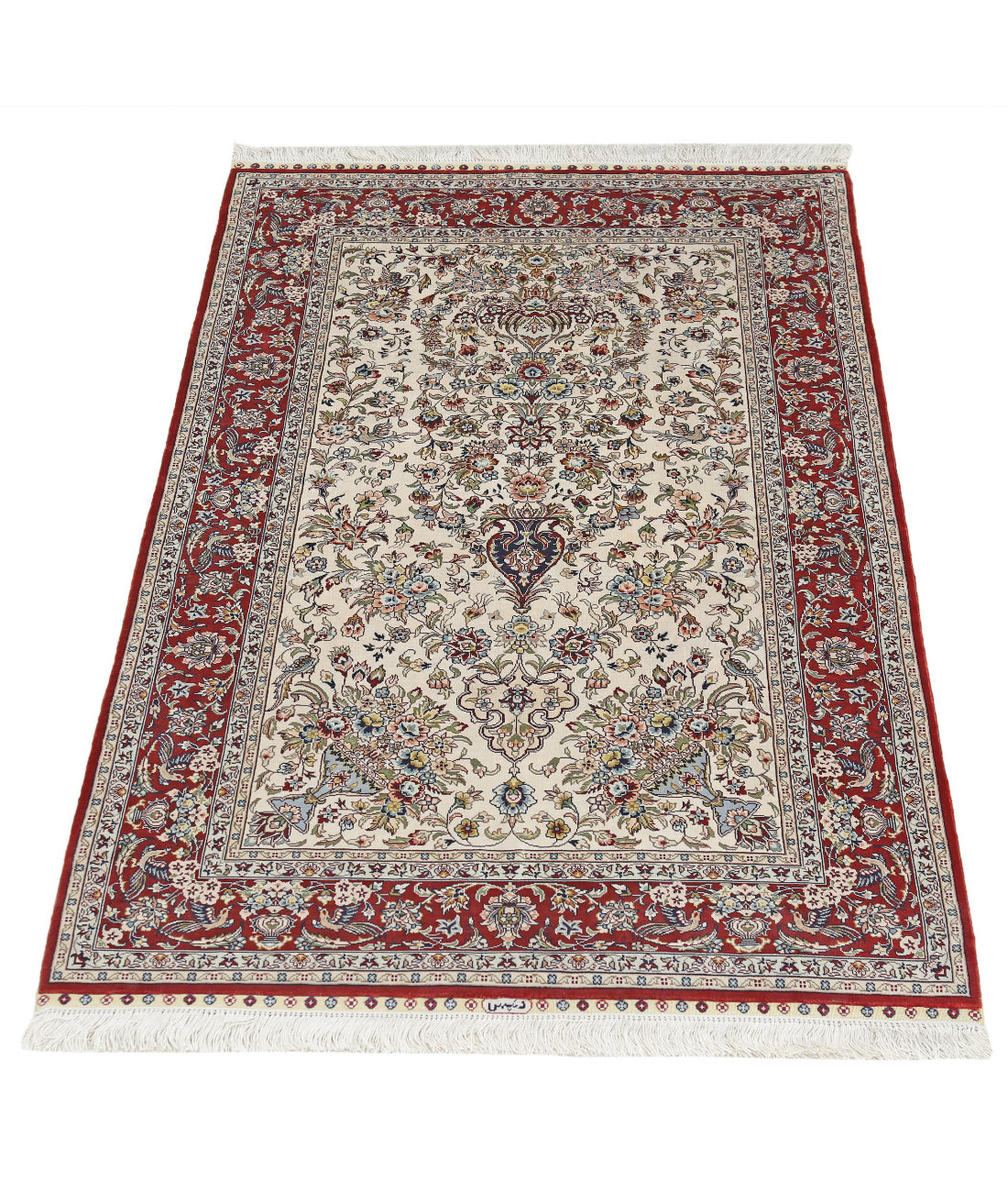 Hand Knotted Masterpiece Hereke Fine Silk Rug - 2'7'' x 4'0'' 2'7'' x 4'0'' (78 X 120) / Ivory / Red