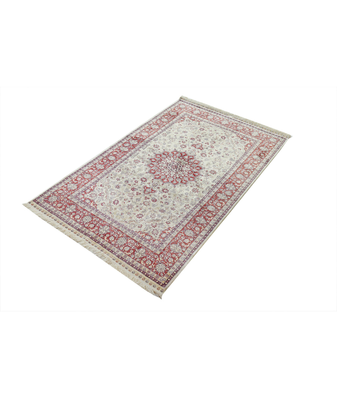 Hand Knotted Masterpiece Hereke Fine Silk Rug - 3'1'' x 4'10'' 3'1'' x 4'10'' (93 X 145) / Beige / Red