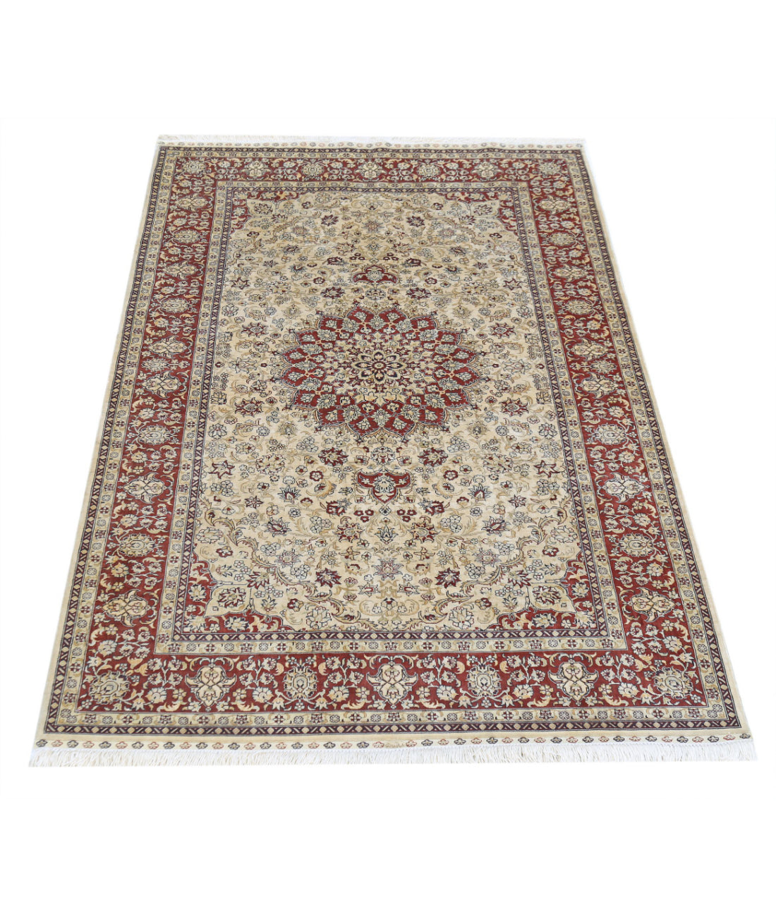 Hand Knotted Masterpiece Hereke Fine Silk Rug - 3'1'' x 4'10'' 3'1'' x 4'10'' (93 X 145) / Beige / Red