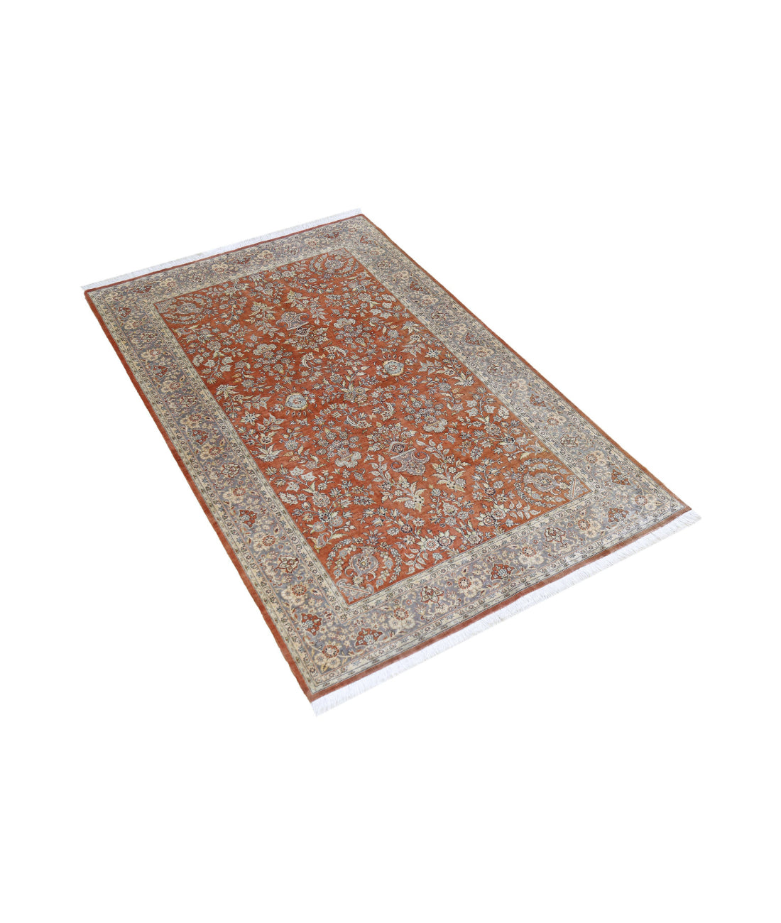 Hand Knotted Masterpiece Hereke Fine Silk Rug - 3'0'' x 4'11'' 3'0'' x 4'11'' (90 X 148) / Rust / Grey