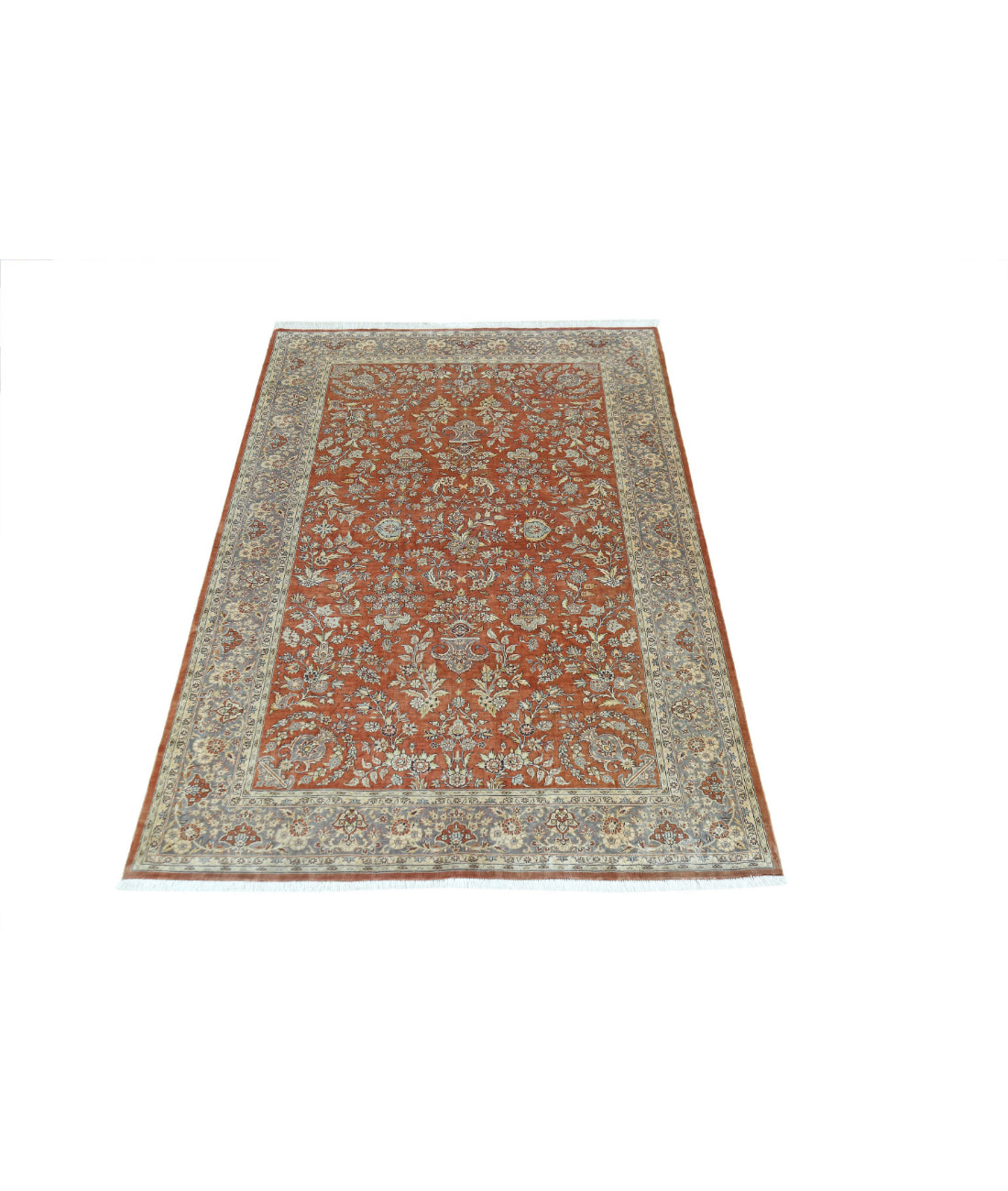 Hand Knotted Masterpiece Hereke Fine Silk Rug - 3'0'' x 4'11'' 3'0'' x 4'11'' (90 X 148) / Rust / Grey